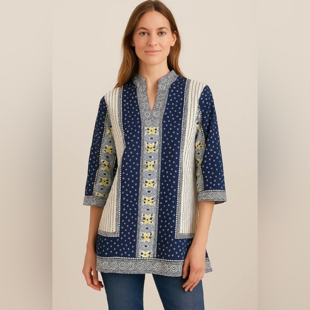 NEW Foxcroft Scarf Print Tunic, Blue/White, Size 10
